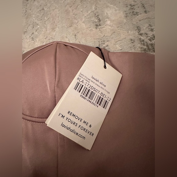 LAVISH ALICE: Satin Corset Midi Dress With Fringe
Skirt in Mink - Picture 8 of 9